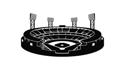 A monochrome illustration of a baseball stadium with detailed lighting towers © MBHM Studio
