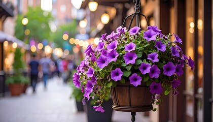 Hanging basket of purple flowers adorns street vibrant purple blossoms cascade from basket on street