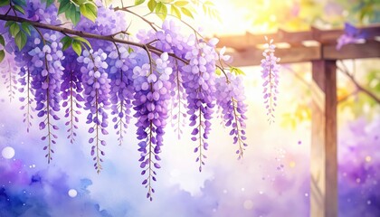 Purple wisteria flowers bloom on a delicate branch vibrant purple blossoms adorn graceful wisteria branch