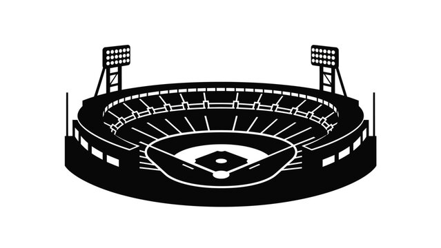 A black and white illustration of a baseball stadium with floodlights