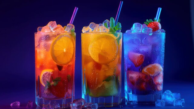 Festive Holiday Cocktails. Glasses of cocktails with Christmas decoration, blue neon bokeh lights background. Season drink set. Vibrant colorful display of various winter drinks. New Year celebrations