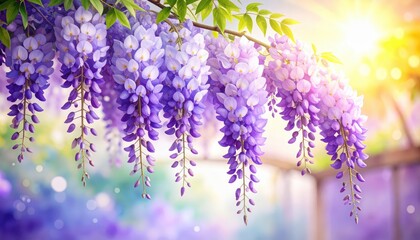 Vibrant purple flowers bloom on branch with soft sunlight sunlit purple blossoms grace branch creating peaceful scene