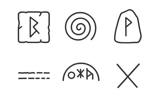 Forgotten Language Icons. Line style icons of Forgotten Languages: carved symbol, echo spiral, rune stone, faded text line, glyph
