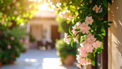Pink flower blossoms on weathered stone wall delicate pink flower grows on rugged stone wall