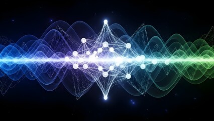 Artificial neural network structure with nodes and connections overlaid on abstract digital audio waves or frequencies, symbolizing AI processing of sound or signal analysis.