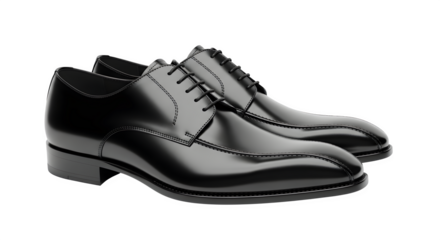 Elegant black leather dress shoes pair displayed in a stylish arrangement isolated on transparent background