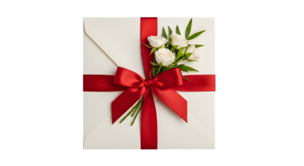 Elegant gift box with red ribbon and white flowers perfect for celebrations and special occasions isolated on transparent background
