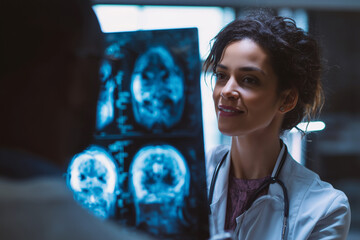 A female doctor holds a consultation with a colleague looking at brain scans