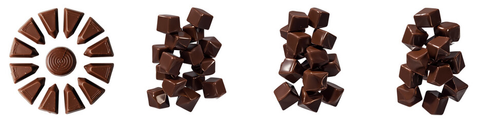 Fototapeta premium Set of milk chocolate blocks with caramel-filled triangles and broken angular chocolate shards on transparent background