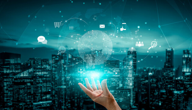 Visualization of global digital communication and online across multiple platforms, including global network, digital network, communication network, and online network. Vouch - Powered by Adobe