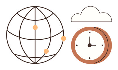 Globe with location points, clock denoting time zones, and cloud. Ideal for global networking, travel, time tracking, technology, cloud computing, communication flat metaphor