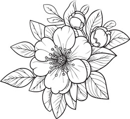 Quince flower drawing, a branch of the botanical summer collection, ink illustration vector art of Quince bouquet, hand-drawn artistically, Zentangle tattoo, easy flower coloring pages, and a book