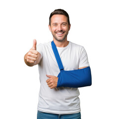 Man with blue arm sling giving thumbs up isolated on transparent background