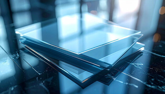 Stacked Transparent Glass: A minimalist display of stacked transparent glass, each layer reflecting light, presenting an abstract composition of transparency and reflection. - Powered by Adobe