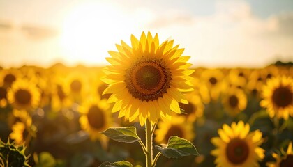 Obraz premium Large sunflower dominates a vast yellow field one sunflower shines brightly amidst a vast golden field