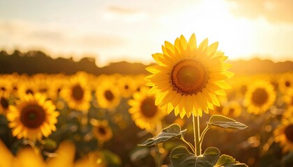 Fototapeta premium Bright sunflower stands tall in expansive field golden bloom dominates sea of vibrant yellow plants
