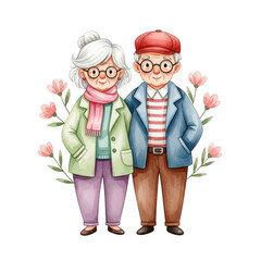 Elderly couple embracing love surrounded by flowers isolated on transparent background