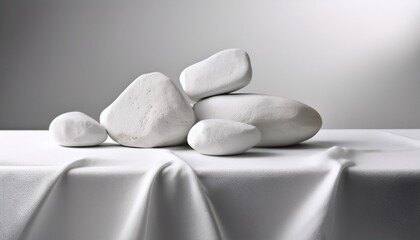 White Ceramic Rocks Are Placed On A Table Covered With A White Tablecloth Against A White Background