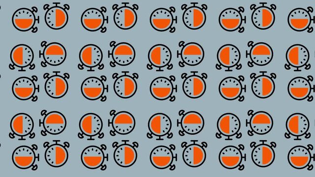 A visually engaging pattern of orange and black alarm clocks on a light blue background, creating a sense of time and urgency.