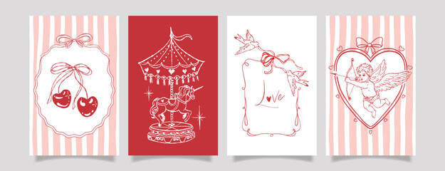 Obraz na płótnie Canvas Romantic Valentine card set with hand-drawn sketch illustrations, cherries, carousel unicorn, doves, bows, heart frames, and cherub Cupid. Cute retro coquette style for , wedding, and holiday design