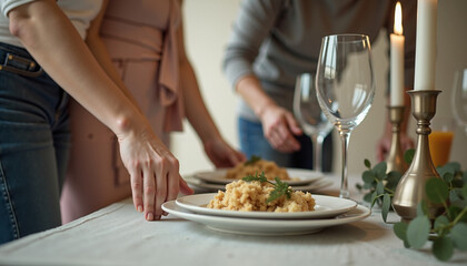 Friends setting the table with plates of food and glasses for a cozy dinner gathering