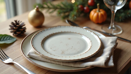 Elegant dining plate setting with autumn decorations and cozy atmosphere