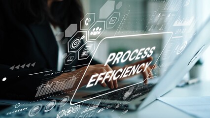 Business Person Focusing on Process Efficiency with Laptop and Digital Graphics in Modern Office Environment. Asymptotic smart data analytic.