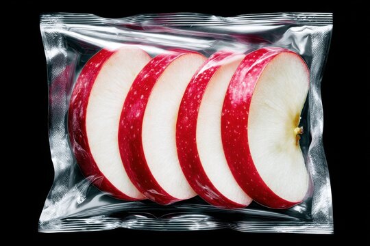 Red apple slices arranged neatly in airtight packaging, showcasing vibrant colors and textures, perfect for healthy eating and minimalist design with copy space