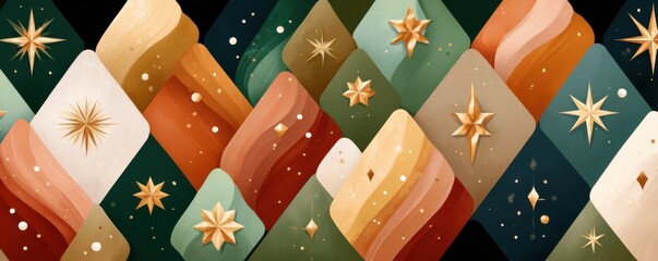 Festive geometric holiday decor with star accents in warm and cool color blocks