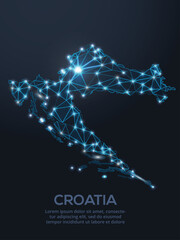Geometric low-poly vector depiction of Croatia, showing illuminated cities and population clusters as sparkling dots and space-inspired stars. digital communication network