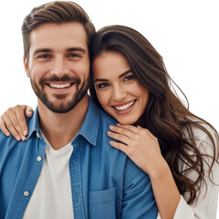 Happy couple embracing and smiling together isolated on transparent background