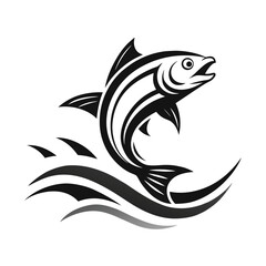 Minimalist tribal style fish jumping above letter w logo design