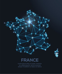 Geometric low-poly vector depiction of France, showing illuminated cities and population clusters as sparkling dots and space-inspired stars. digital communication network