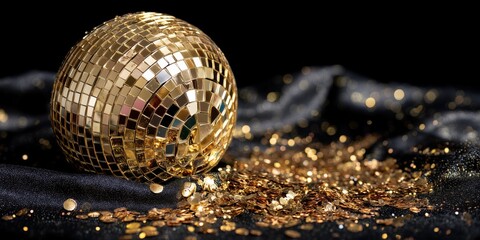 Golden mirrored disco ball resting on black silk with scattered glitter confetti, luxurious party and New Year event, Elegant golden disco ball surrounded by shimmering confetti on black backdrop