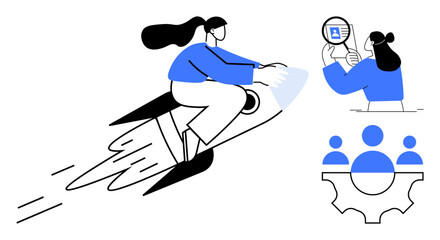 Business growth concept. Business growth through a person accelerating on a rocket, supported by team collaboration and technology. Business growth driving innovation and teamwork. Ideal