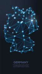 Geometric low-poly vector depiction of Germany, showing illuminated cities and population clusters as sparkling dots and space-inspired stars. digital communication network