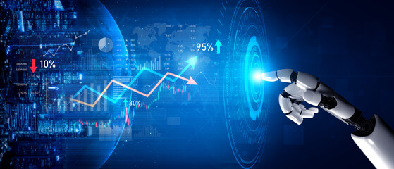 A futuristic robotic hand interacts with dynamic data visualizations and analytics graphs, highlighting trends and growth in a digital landscape, representing innovation. Scalp