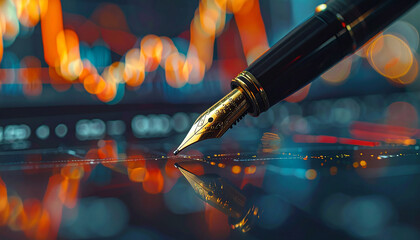 The Pen of Finance: A sleek fountain pen rests elegantly over a fluctuating graph, reflecting on a digital screen. It captures the essence of business, decision-making and economic trends.