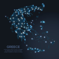 Geometric low-poly vector depiction of Greece, showing illuminated cities and population clusters as sparkling dots and space-inspired stars. digital communication network