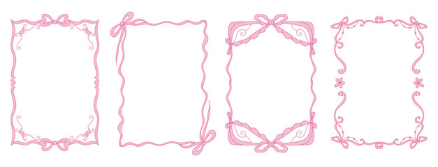 Pink frame, Set of doodle hand drawn trendy frames with wavy lines, bows and ribbons. Minimalist cute line art. Modern whimsical borders for wedding invitations, birthday cards, lunch, holiday