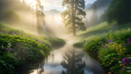 Obraz premium Serene morning landscape with misty river, lush greenery, blooming flowers, and towering trees in