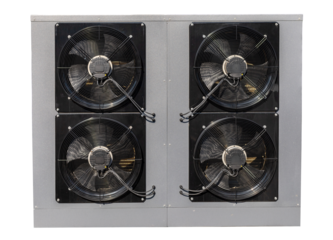 Device shows a heating pump with four fans. This equipment is used for heating and cooling in different environments. It is suitable for homes, offices, and industrial spaces
