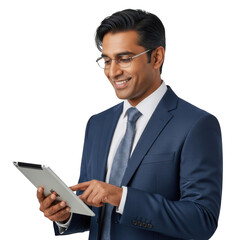 Man in suit using tablet isolated on transparent background