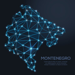 Low-poly vector map of Montenegro featuring glowing city lights and population density illustrated through star-like dots and cosmic shapes.