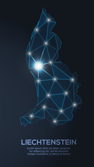 Low-poly vector map of Liechtenstein featuring glowing city lights and population density illustrated through star-like dots and cosmic shapes.
