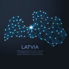 Low-poly vector map of Latvia featuring glowing city lights and population density illustrated through star-like dots and cosmic shapes.
