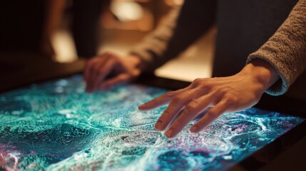 Closeup of person interacting with touchscreen displaying dynamic mapping tools and geographical patterns