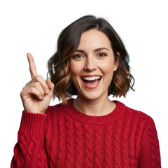 Woman in red sweater pointing finger up isolated on transparent background