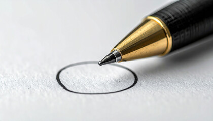 Fototapeta premium Pen Marking Circle: A close-up shot of a pen as it meticulously completes a drawn circle on a blank sheet of paper, ready to make a selection or decision.