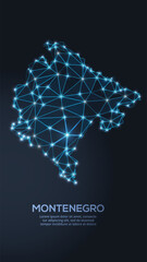 Low-poly vector map of Montenegro featuring glowing city lights and population density illustrated through star-like dots and cosmic shapes.